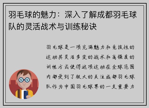 羽毛球的魅力：深入了解成都羽毛球队的灵活战术与训练秘诀